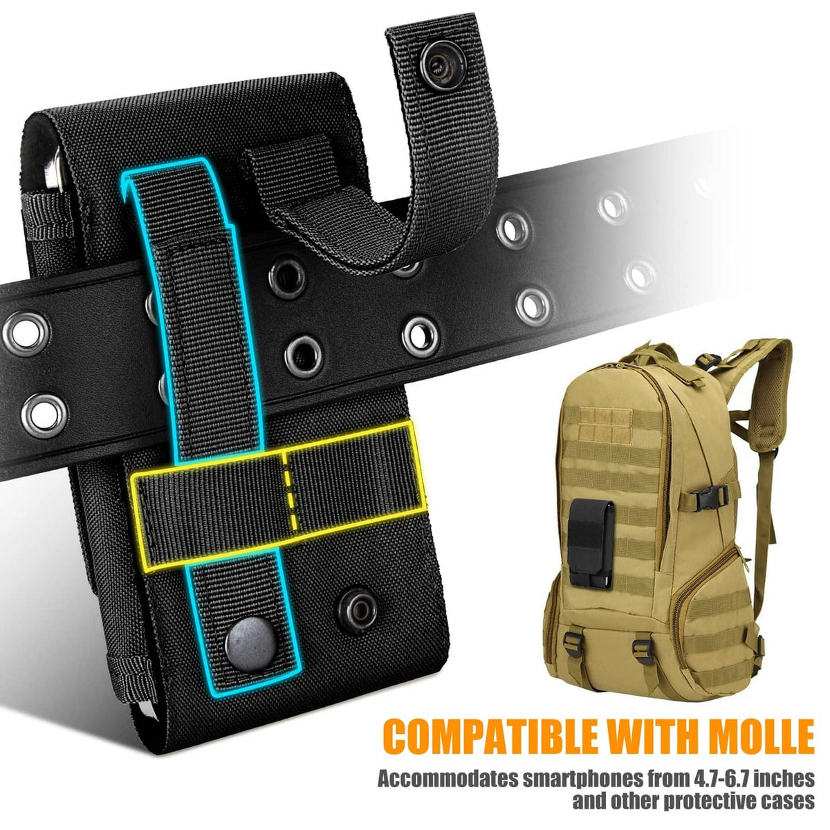Black tactical phone pouch with MOLLE straps and snaps on back mounting panel