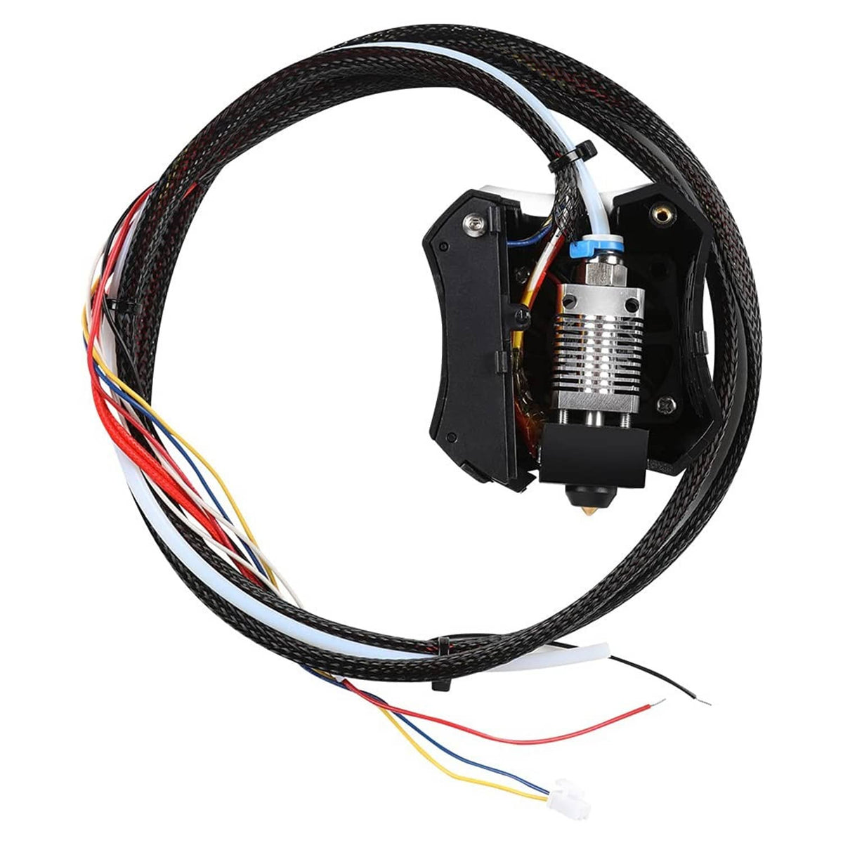 Hotend cutaway showing heat sink, cooling fan, and internal wiring in black housing