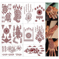 Brown henna tattoo stencil sheet set with red lace-style designs for hands and arms