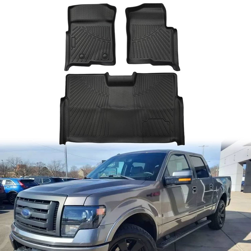 Black molded rubber floor mats set, ridged design with high side walls