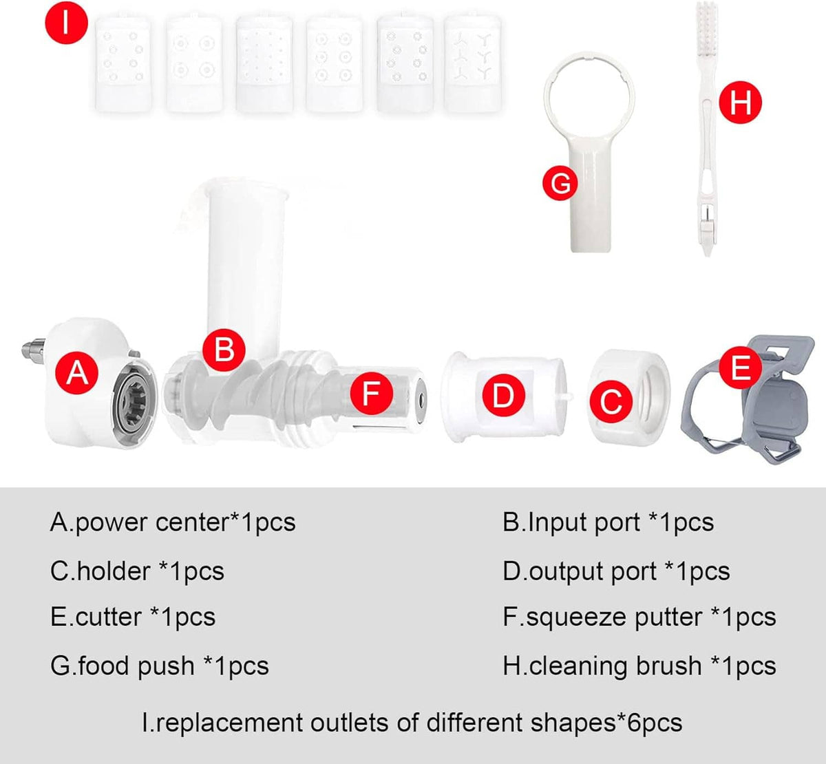 White pasta maker attachment kit with numbered die discs, cleaning brush, and ring tool