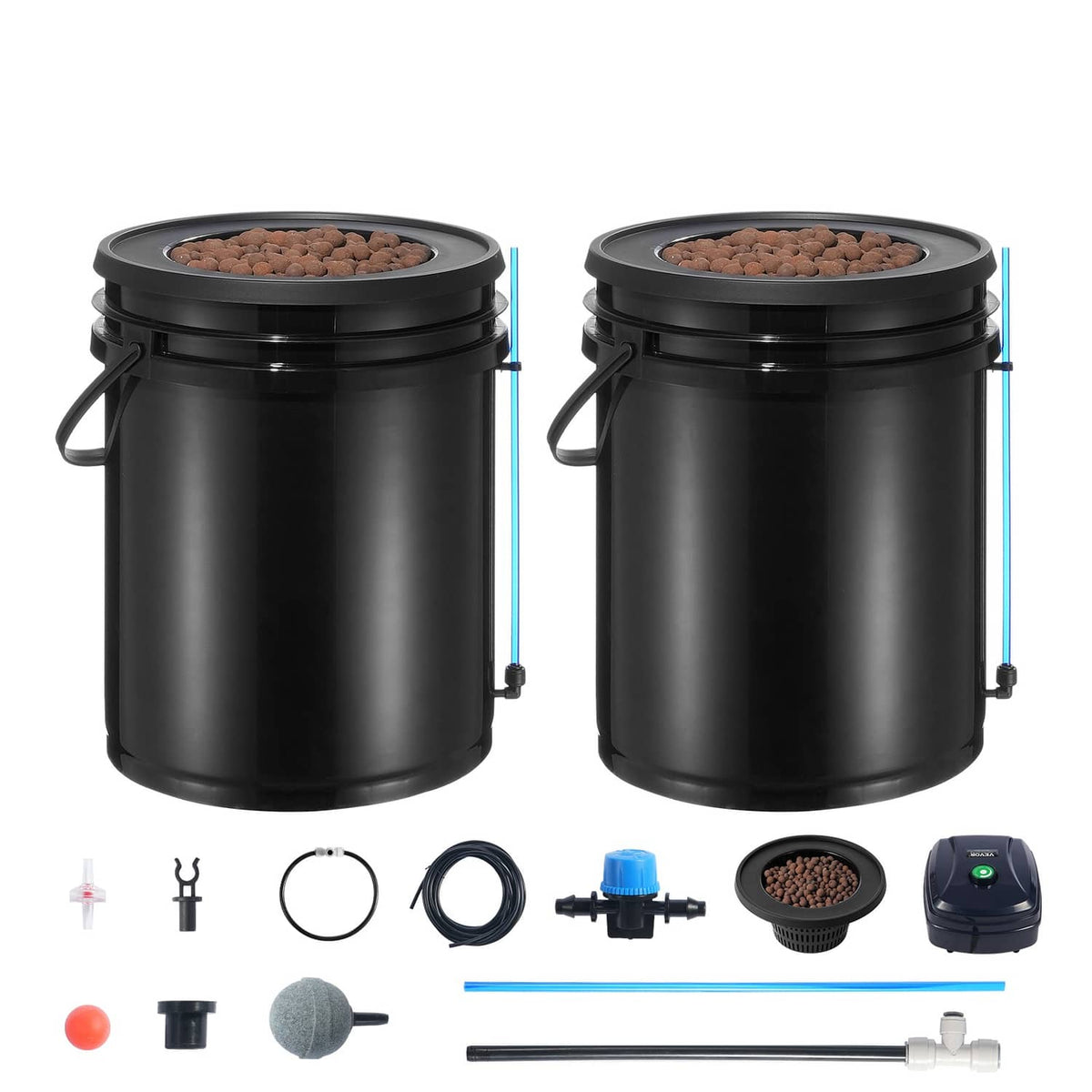 Hydroponics deep water culture starter set with two black buckets and accessories
