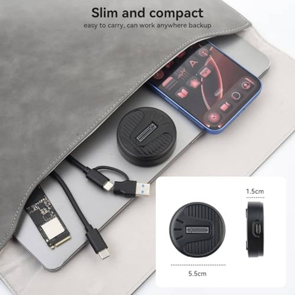 Compact M.2 NVMe to USB adapter with round base and short cables