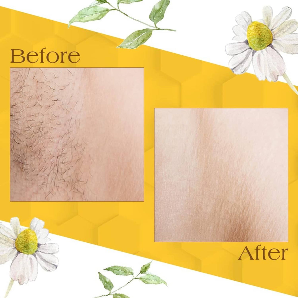 Before and after skin results for hair removal wax, with honey and floral accents