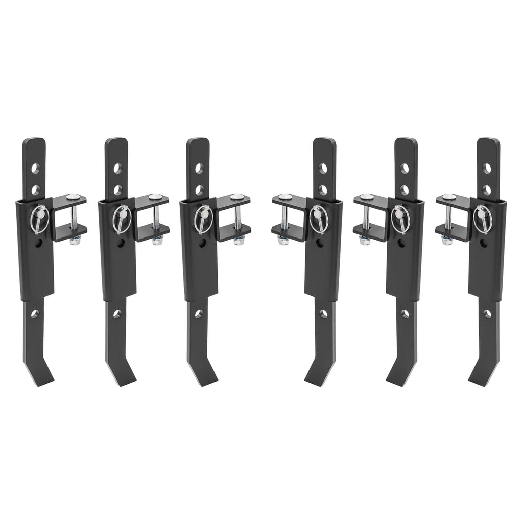 Powder-coated steel chisel plow implement set of multiple black plow legs with mounts