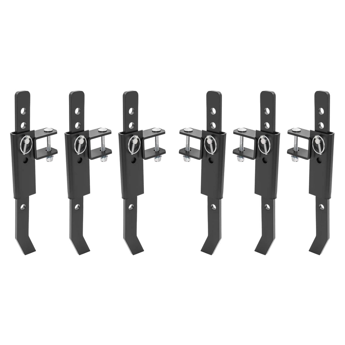 Powder-coated steel chisel plow implement set of multiple black plow legs with mounts