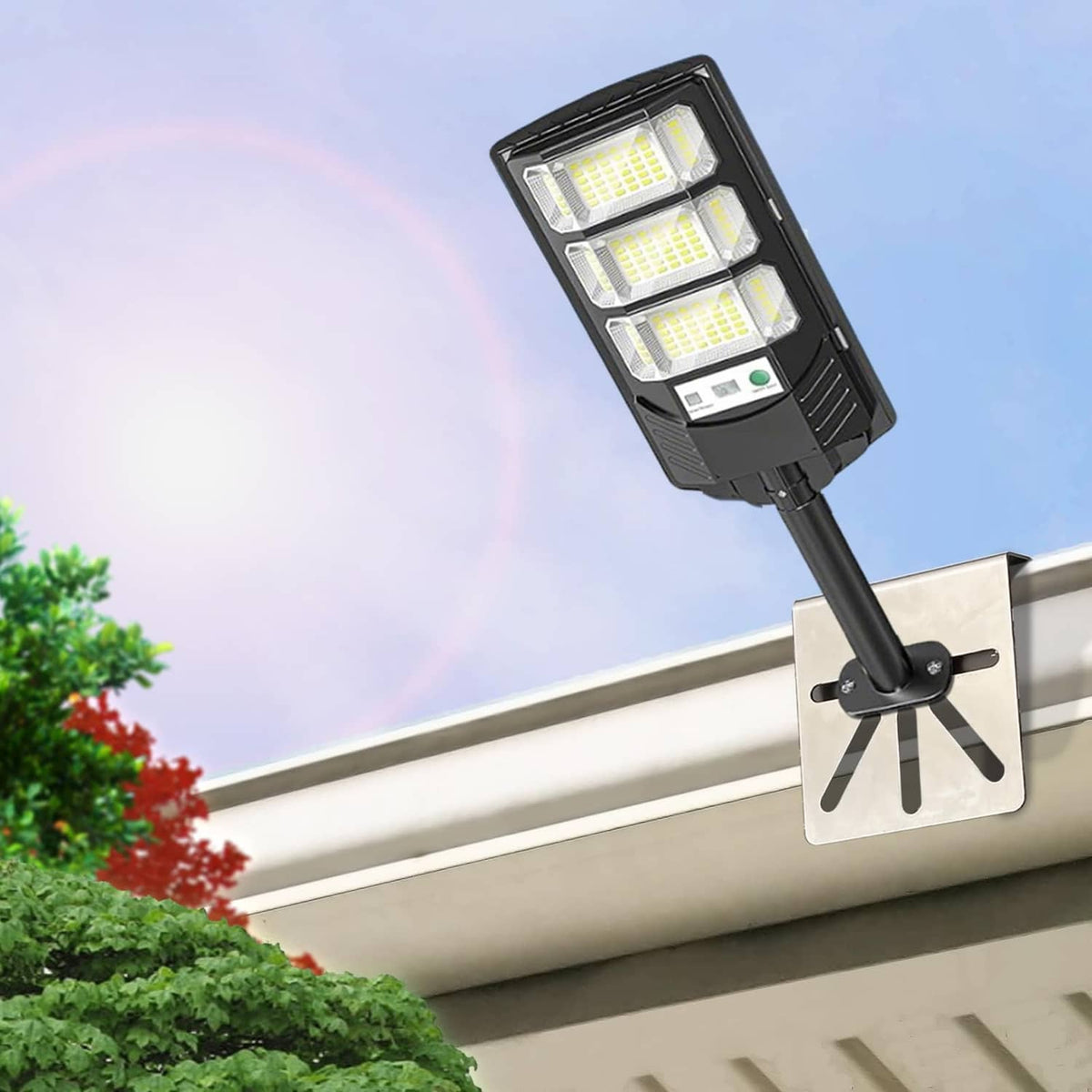Stainless steel eave mount bracket holding a solar security camera