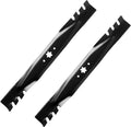 Set of 2 black mulching mower blades with star-shaped holes and serrated cutting edges