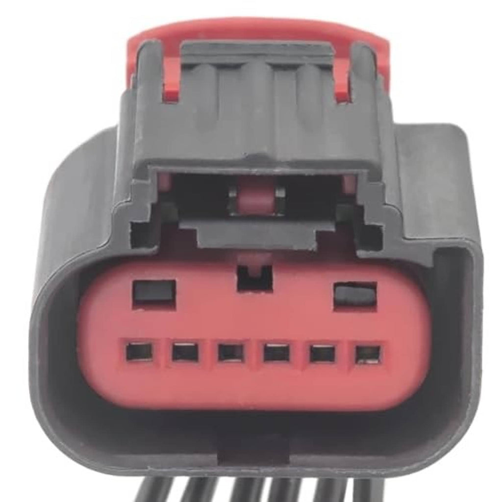 Seat recline motor connector with gray housing and red pin block, terminal detail