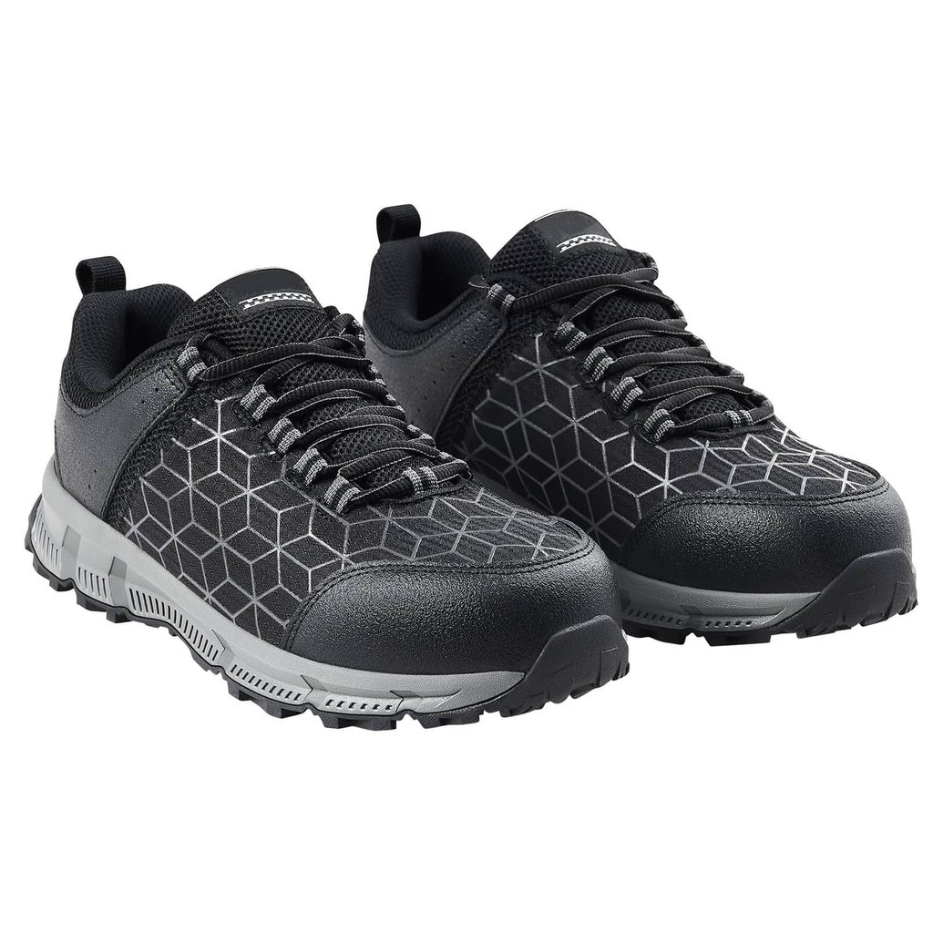 Pair of black lace-up work shoes with geometric uppers and chunky tread soles
