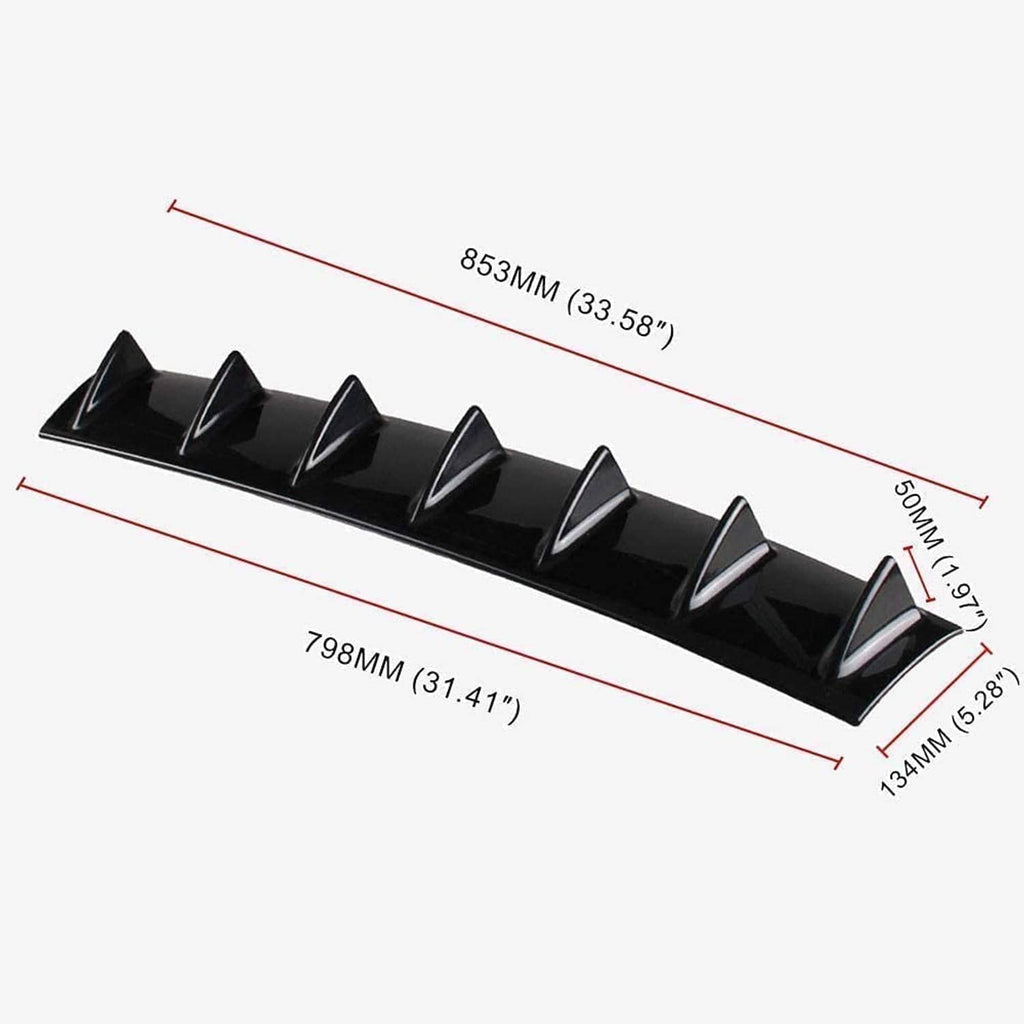 Black rear bumper lip diffuser finned strip with angled tabs and measurements