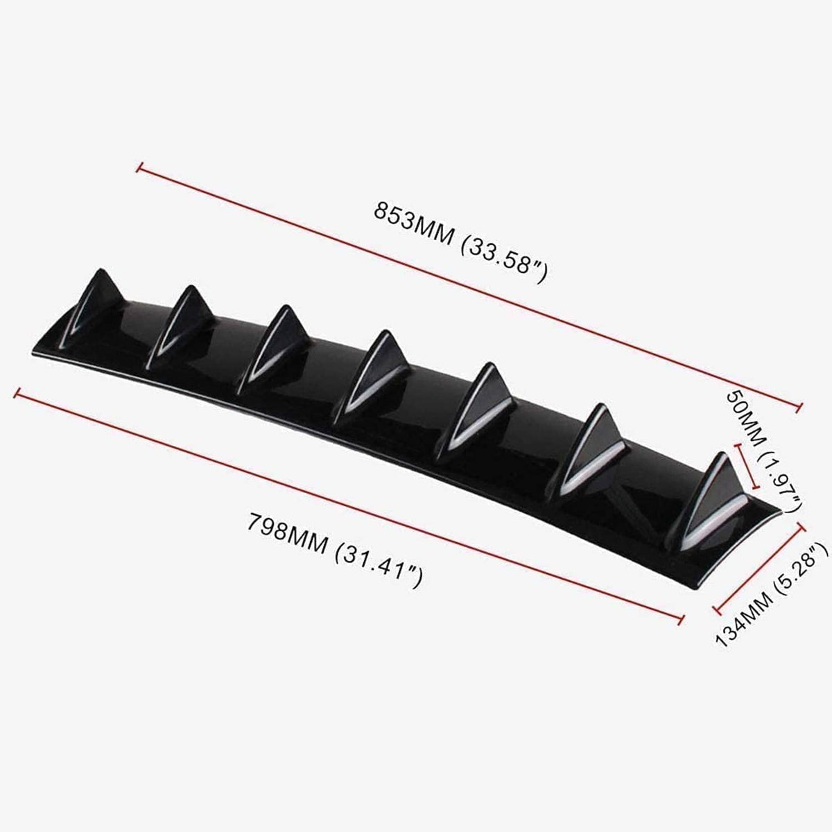 Black rear bumper lip diffuser finned strip with angled tabs and measurements