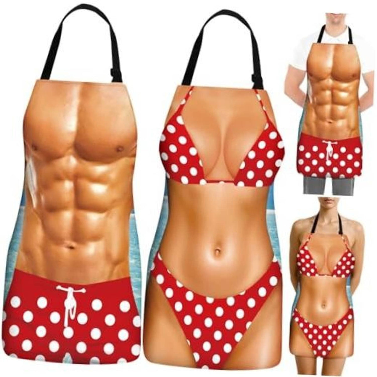 2 pack red polka-dot cooking aprons with black neck straps and front tie waist