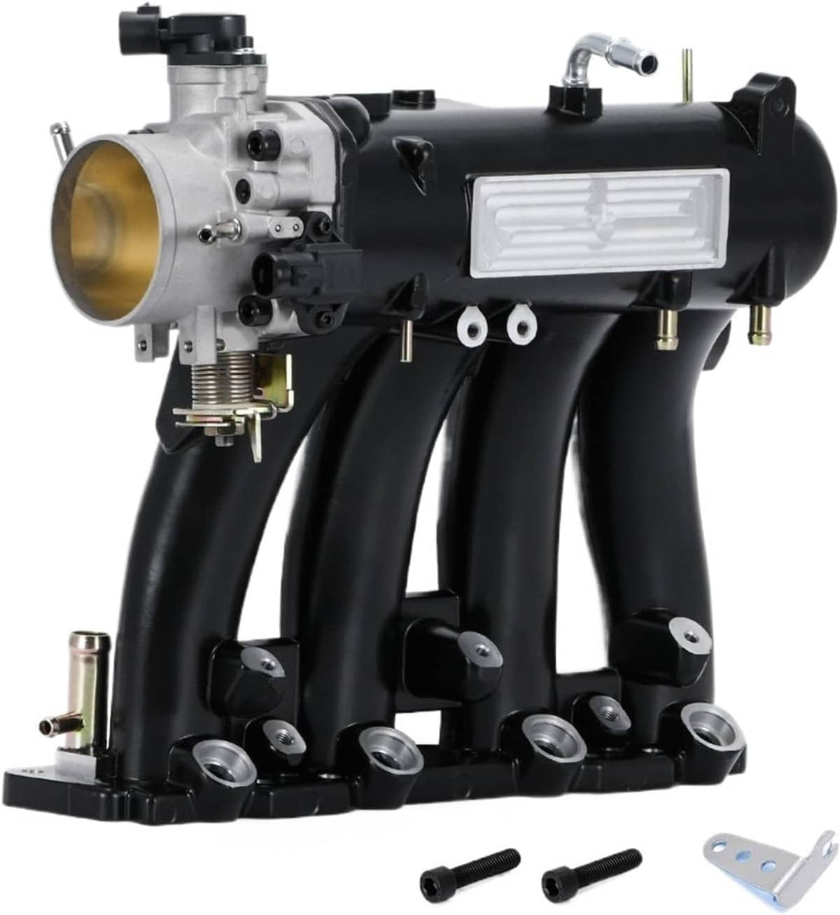 Intake manifold with 70mm throttle body and black runner pipes, silver and black finish