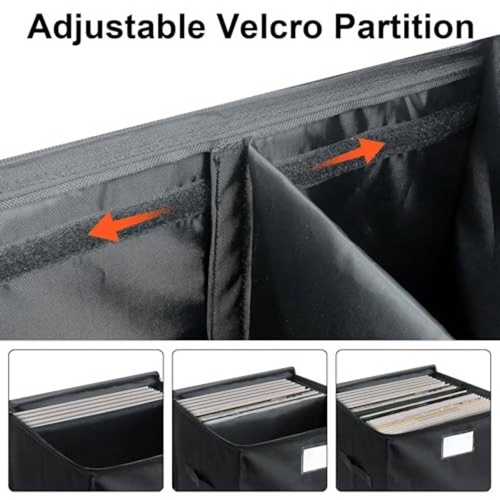 Black vinyl record storage box with adjustable Velcro partition inside