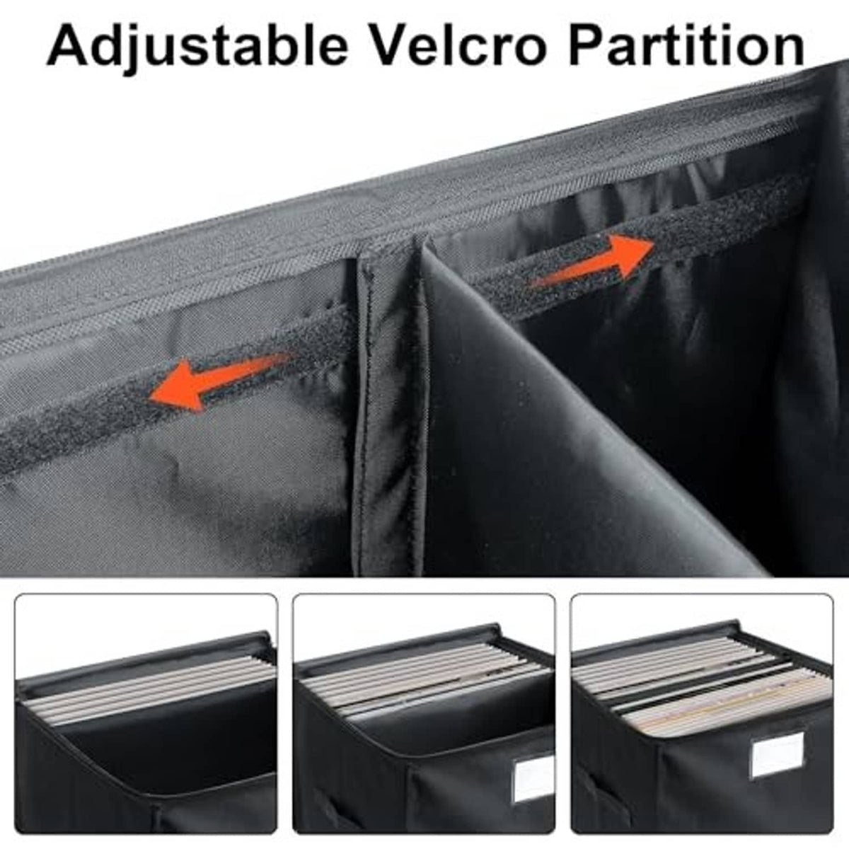 Black vinyl record storage box with adjustable Velcro partition inside