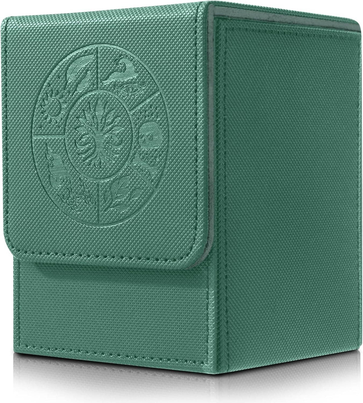 Green deck box with embossed game emblem on front panel and hinged flap