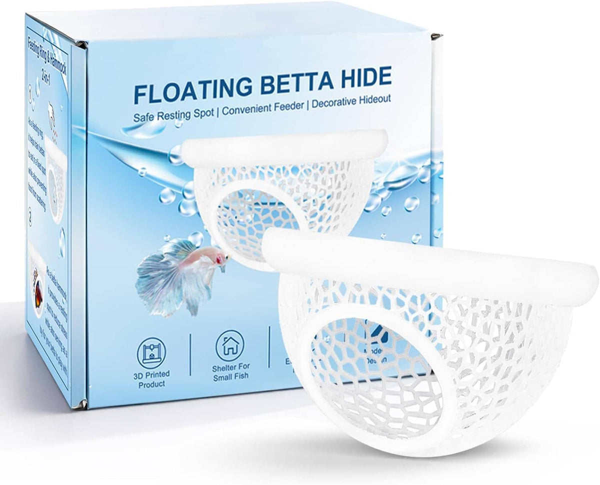 Floating white mesh betta hide hammock shown with aquarium box packaging