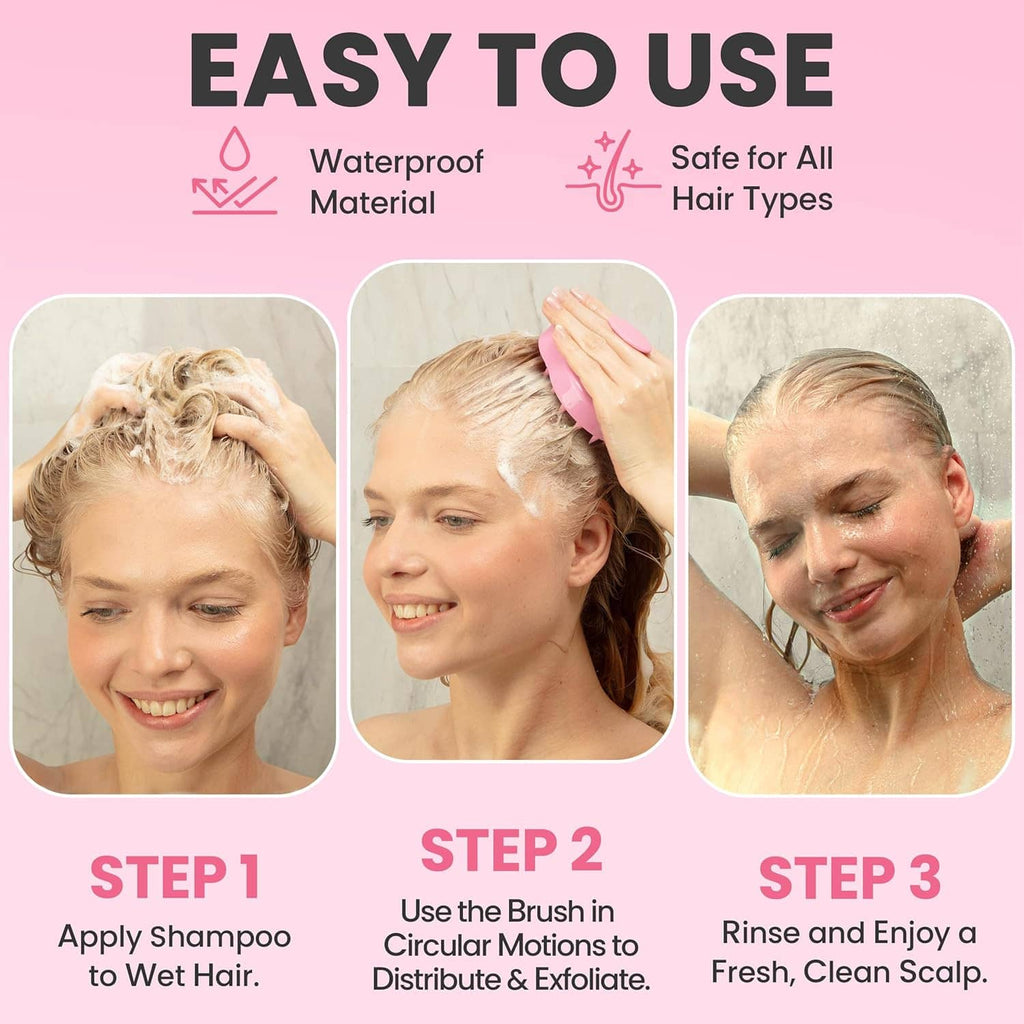 Pink scalp massager brush used on wet hair during shampoo and rinsing
