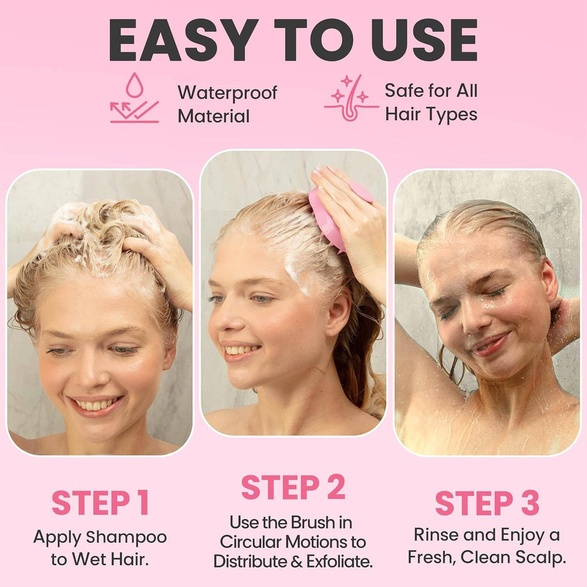 Pink scalp massager brush used on wet hair during shampoo and rinsing