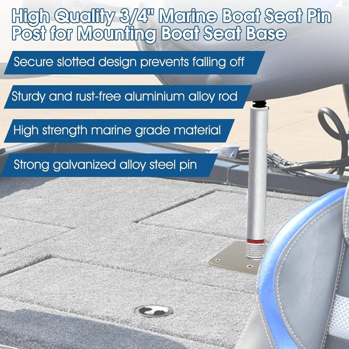 Silver boat seat pin post mounted on gray deck with warning label band