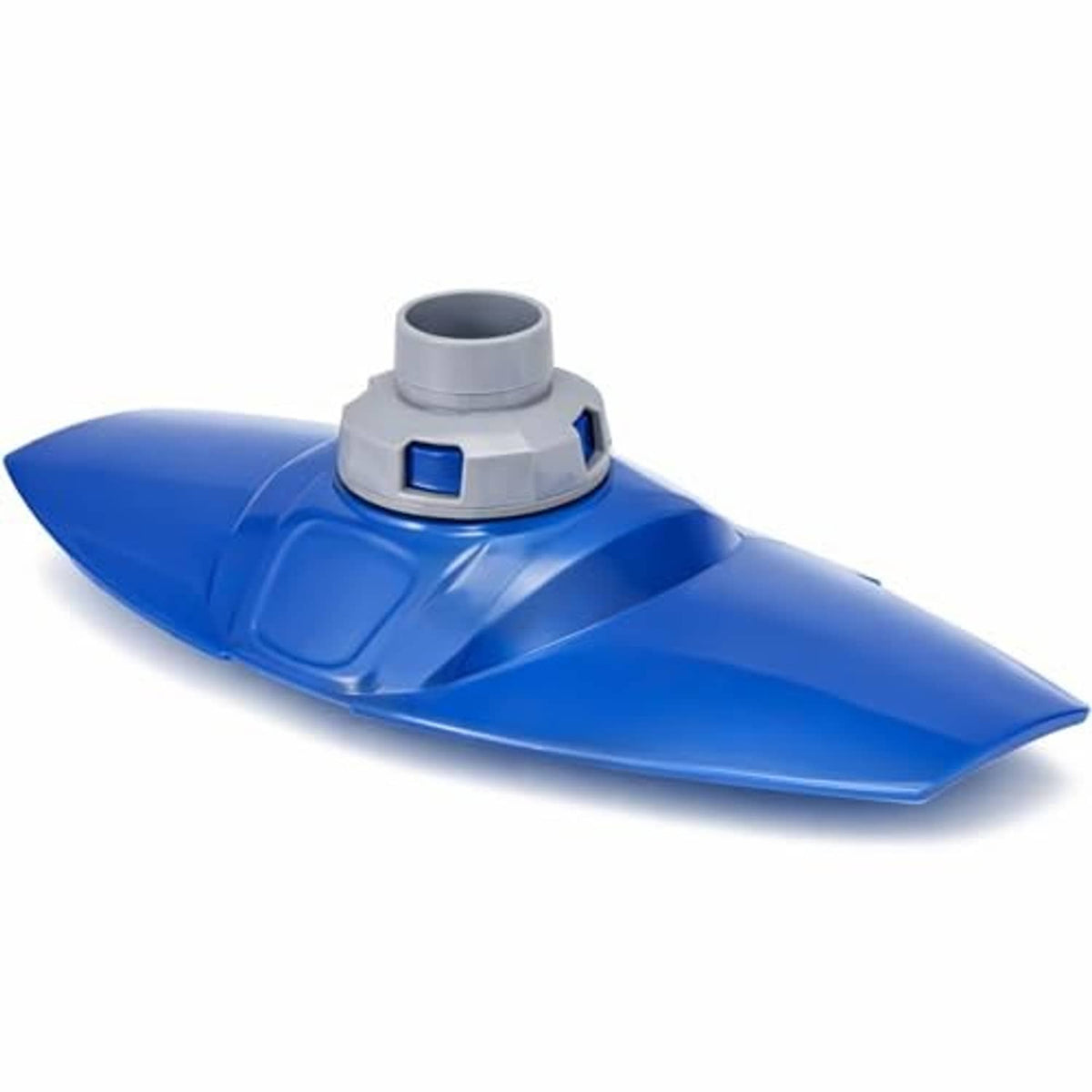 Blue pool cleaner top cover with swivel assembly and gray inlet opening, front view