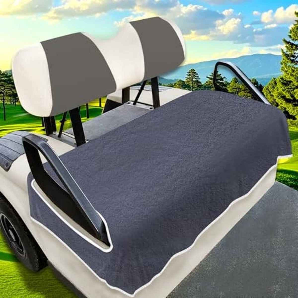 Dark grey golf cart seat towel cover with white edge trim, square seat cushion