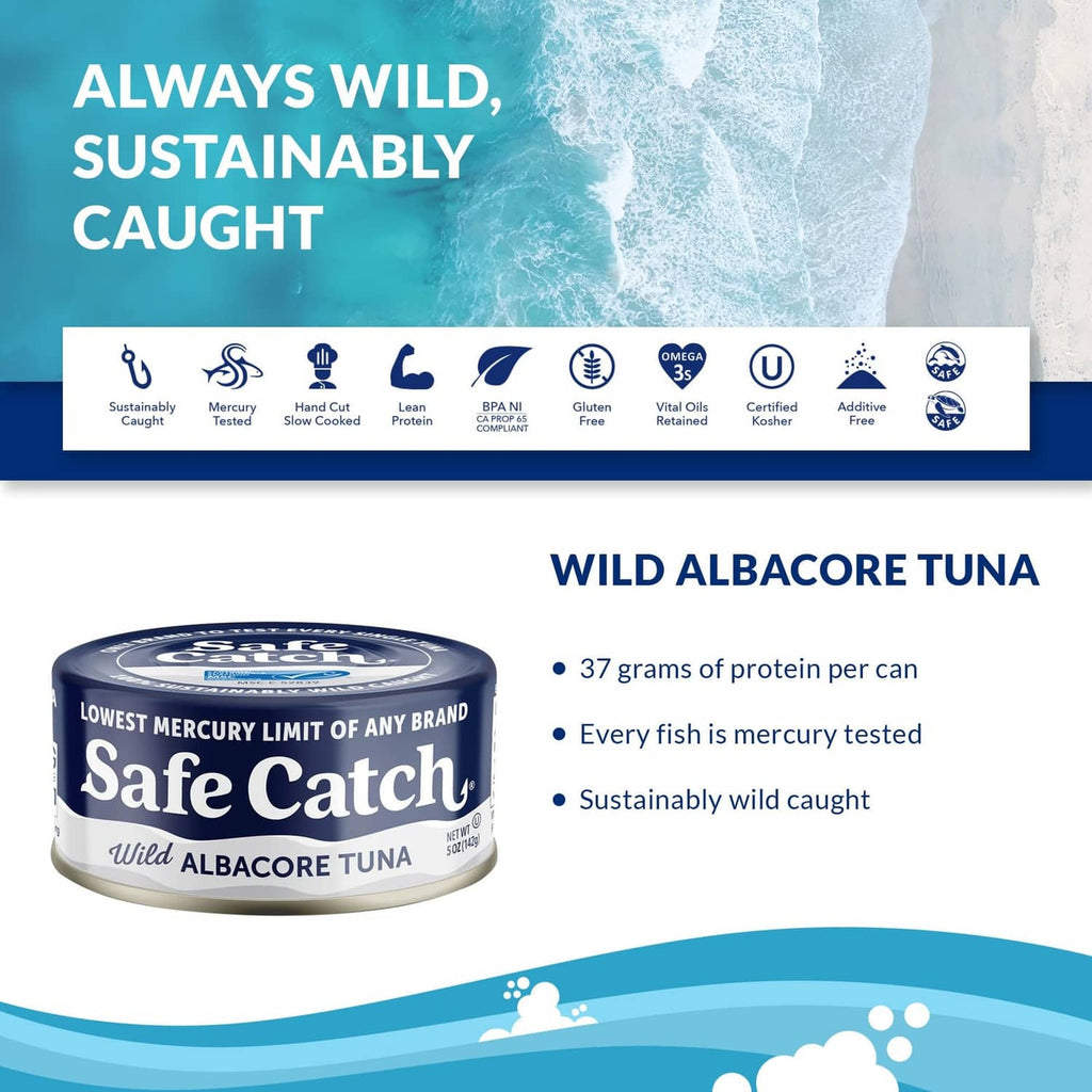 Single Safe Catch wild albacore tuna can, blue-and-white label facing forward.