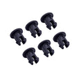 6-pack black plastic throttle linkage retaining bushings with forked pin, side view