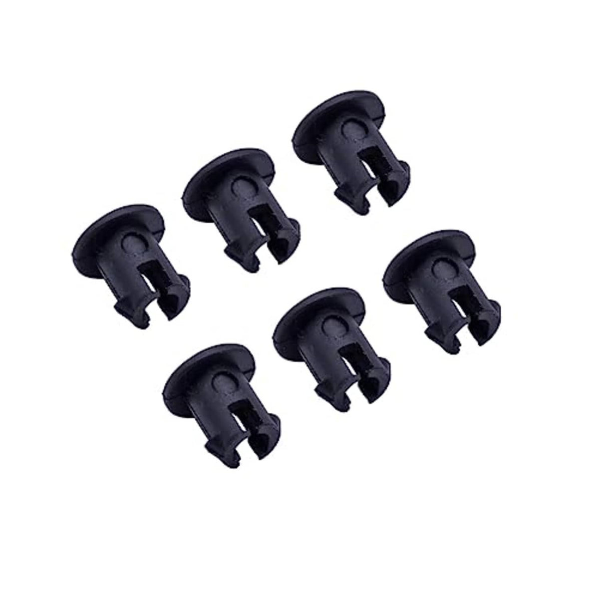 6-pack black plastic throttle linkage retaining bushings with forked pin, side view