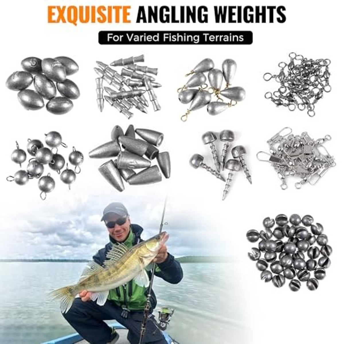 Assorted angling weights set with bullet sinkers and snap swivels, metal gray