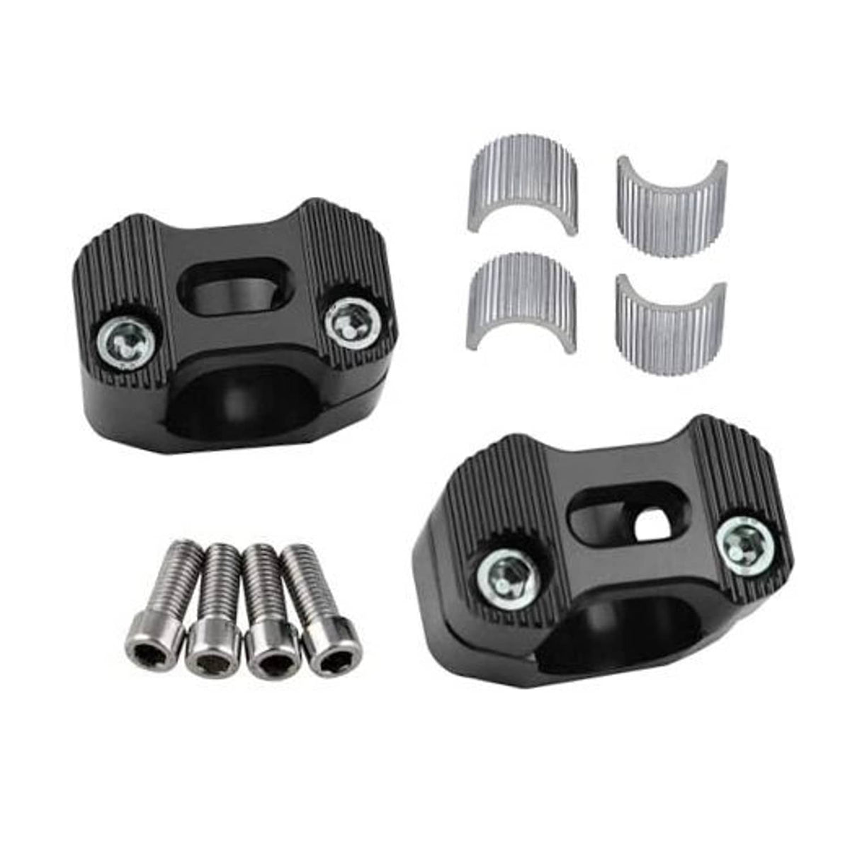 Black motorcycle handlebar clamp riser with mounting bolts and silver split inserts