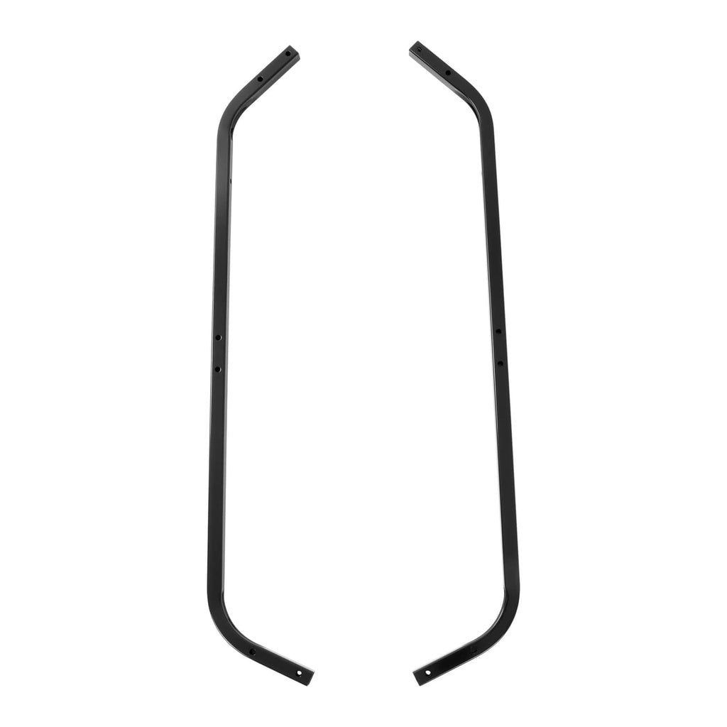Pair of black curved front roof support struts with bolt holes, steel frame bars
