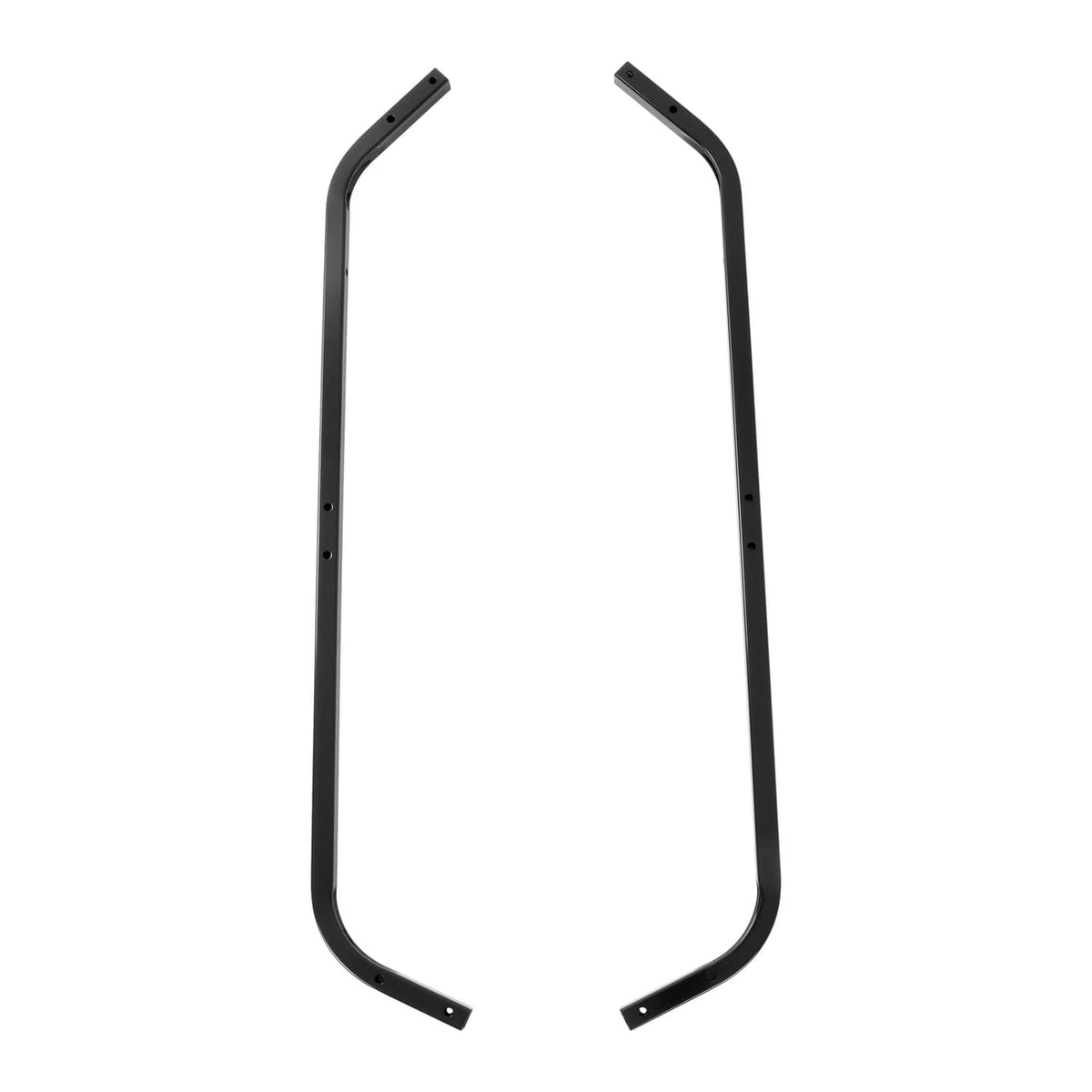 Pair of black curved front roof support struts with bolt holes, steel frame bars