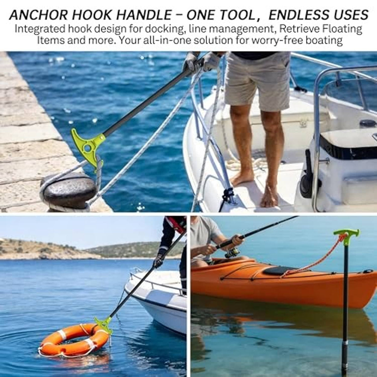 Boat shallow water anchor hook pole with green handle and pointed anchor tip