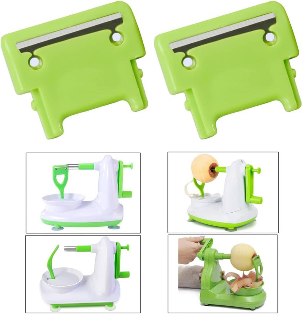 Neon green replacement apple peeler blades, 4-pack, shown with peeler in use