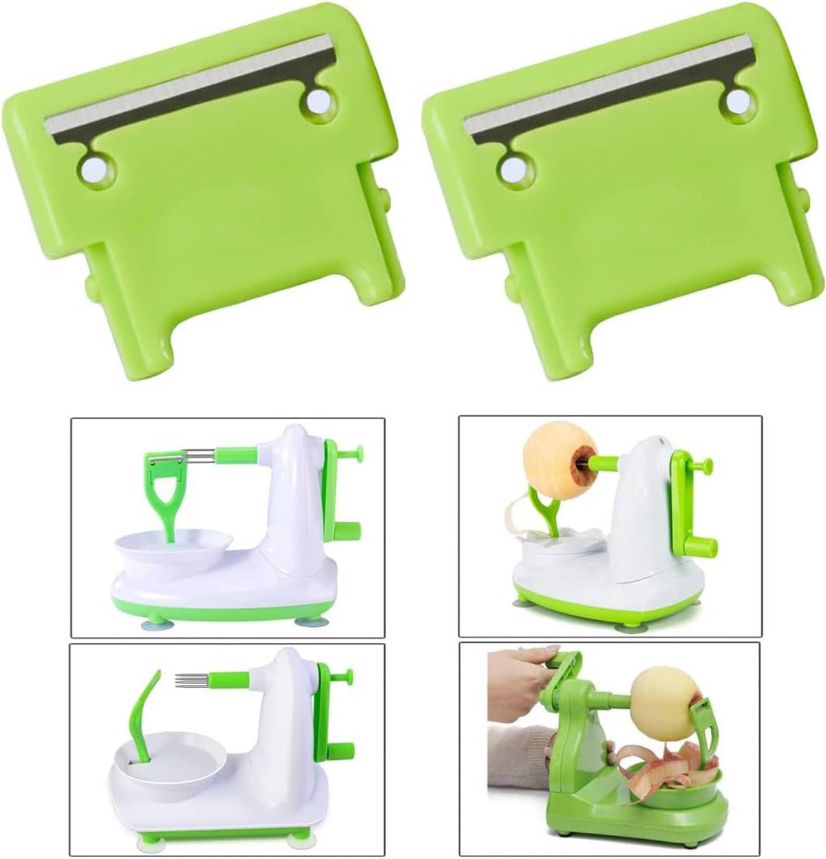 Neon green replacement apple peeler blades, 4-pack, shown with peeler in use