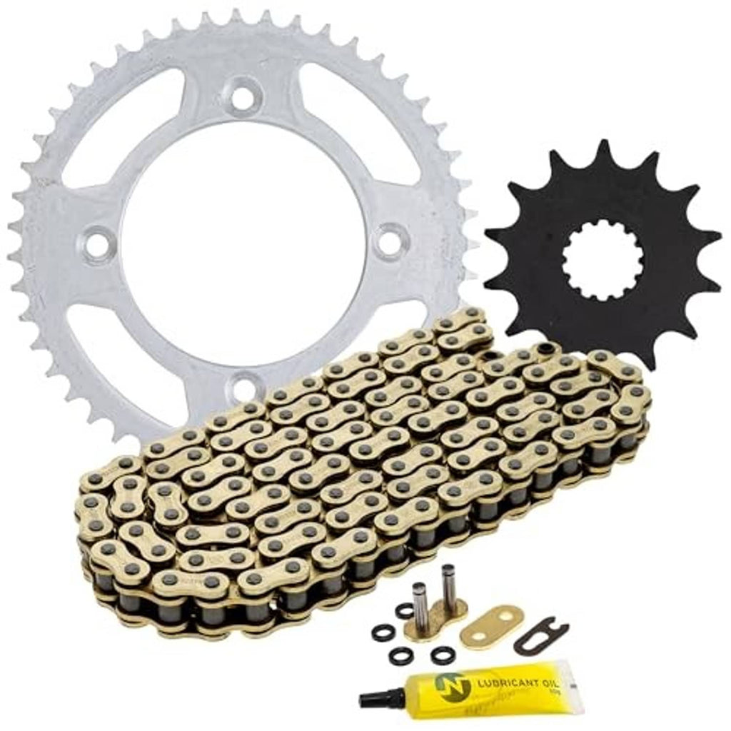 Front sprocket and rear sprocket with gold X-ring chain and lubricant tube