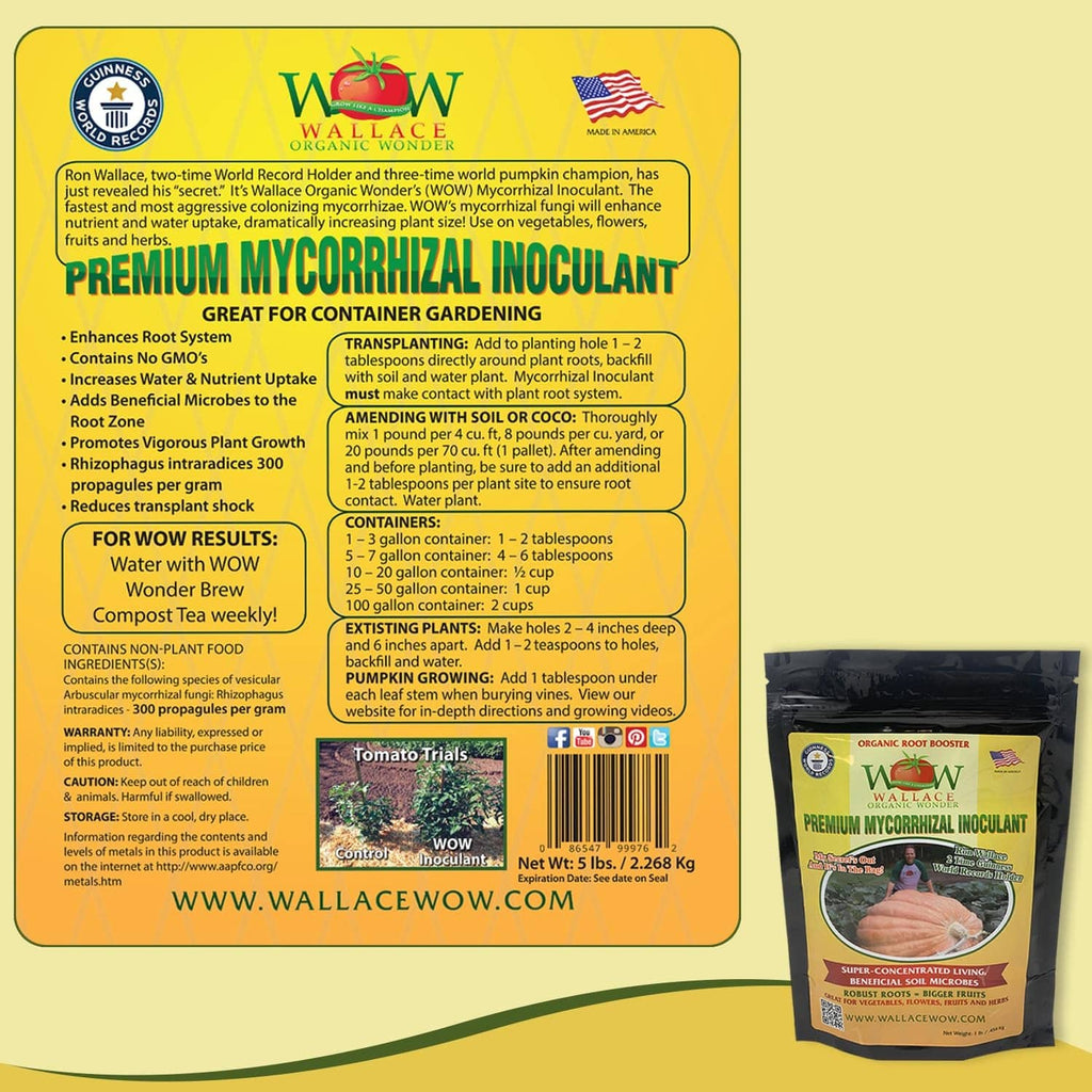 Back label of premium mycorrhizal inoculant with directions and pouch shown