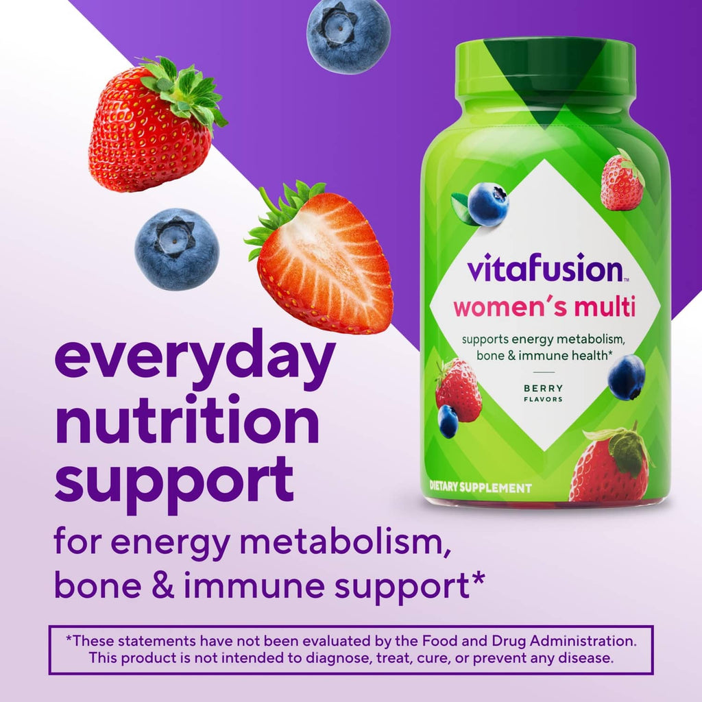 Vitafusion women's multivitamin gummy bottle with berry, strawberry, and blueberry graphics