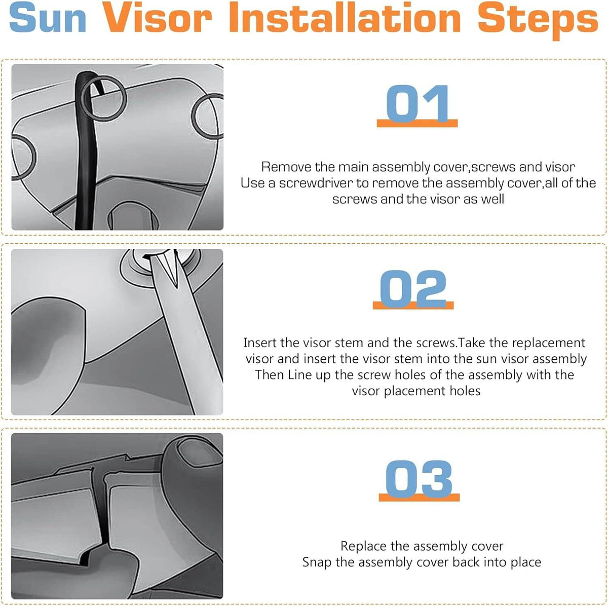Grey sun visor installation step showing visor, cover, and mounting screws