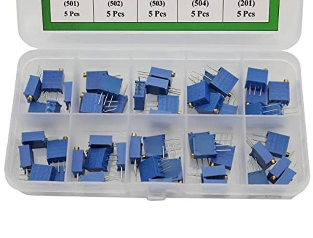 Assorted blue multiturn trimmer potentiometers in clear storage tray compartments