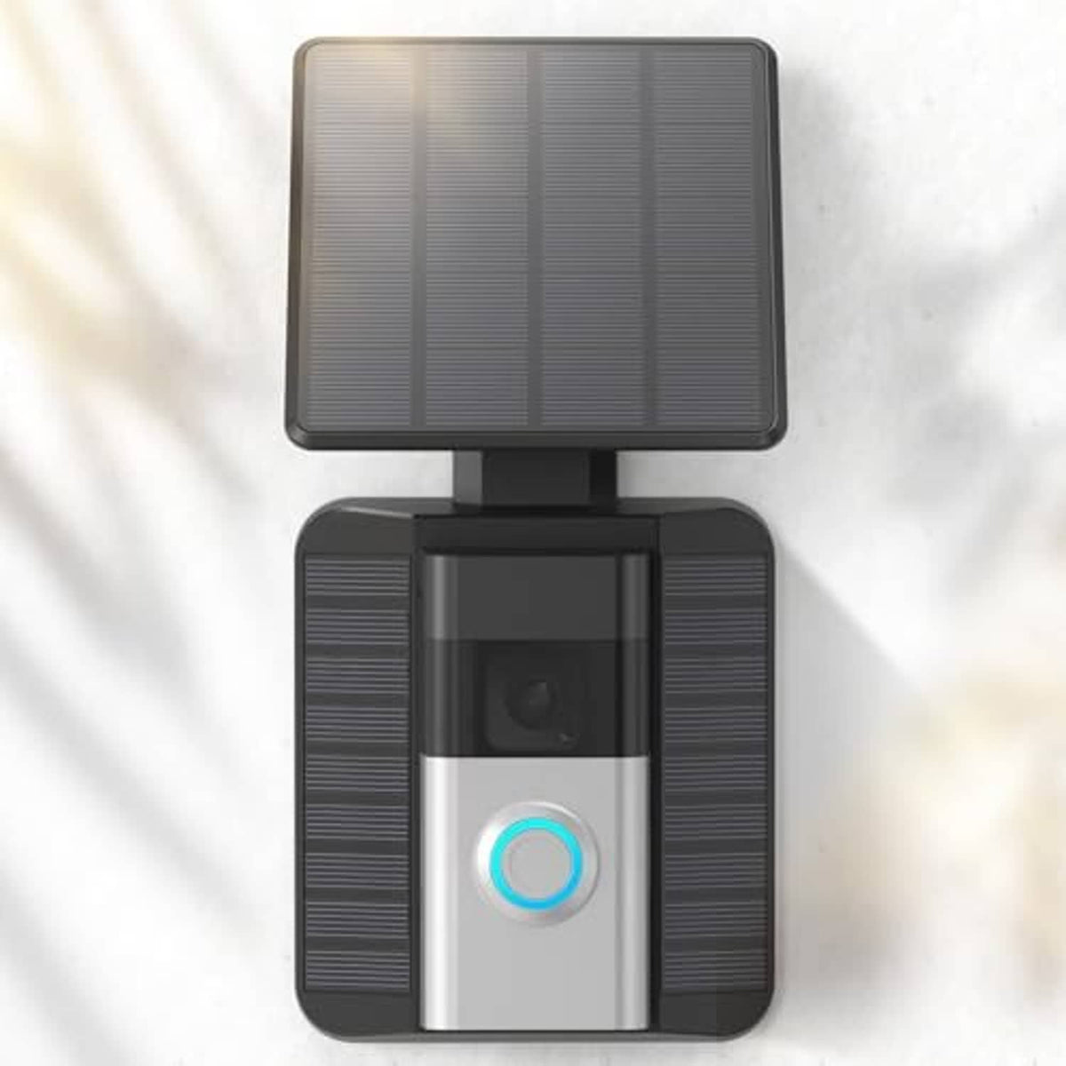 Solar-powered doorbell charger with black solar panel and circular blue indicator