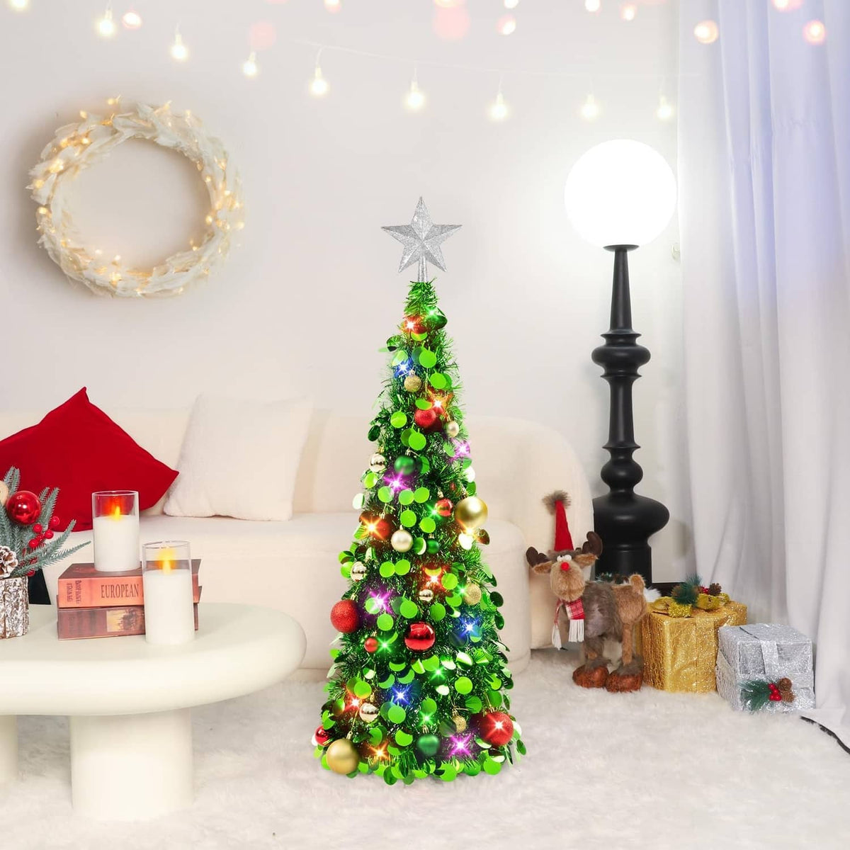 Green 3ft tinsel Christmas tree with silver star topper, multicolor LED lights and bauble ornaments