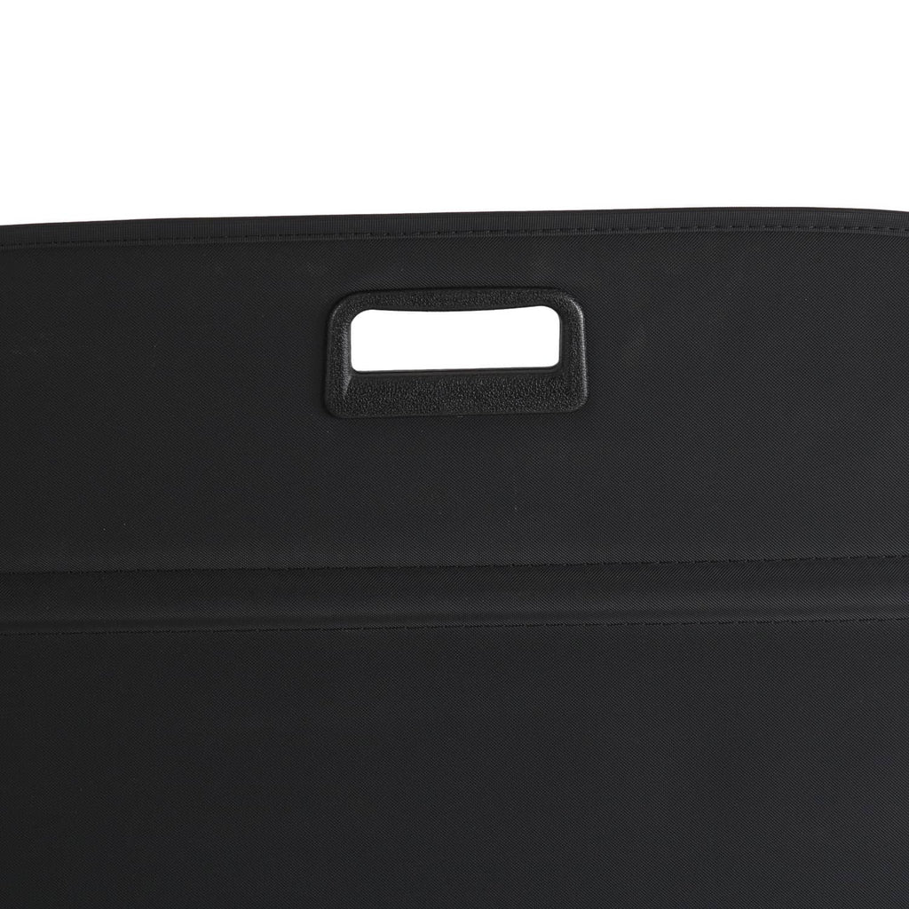 Black retractable cargo cover shade with rectangular handle cutout