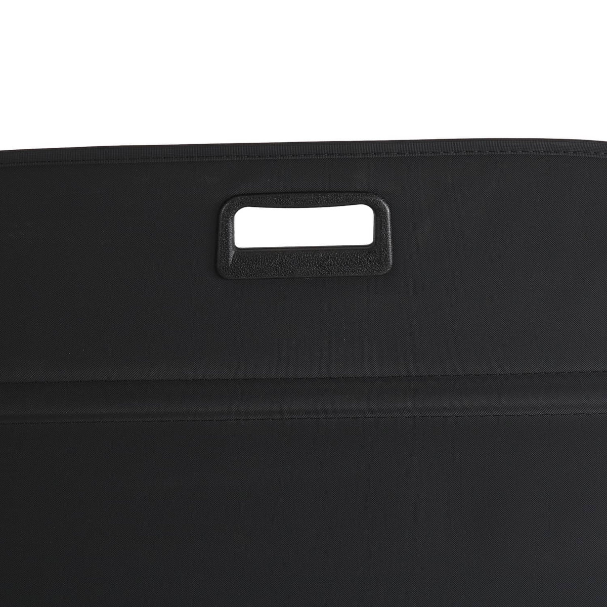 Black retractable cargo cover shade with rectangular handle cutout