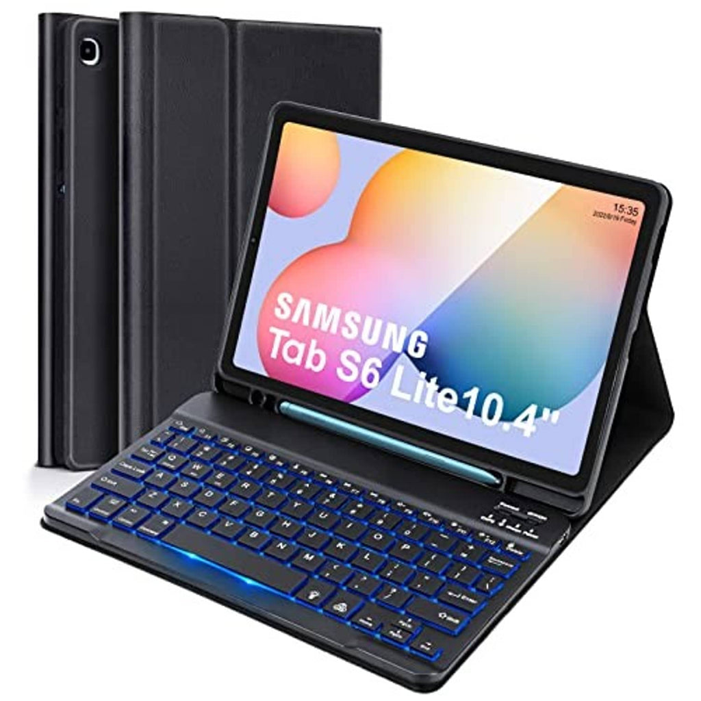 Dark gray keyboard case with blue backlit keys and tablet viewing stand