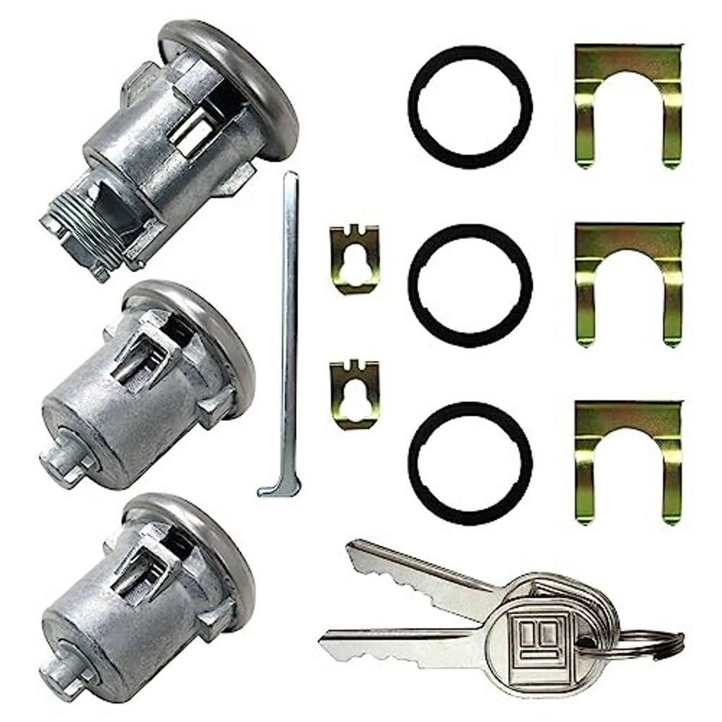 Door lock cylinder kit with three metal cylinders, keys, O-rings, and wafer plates