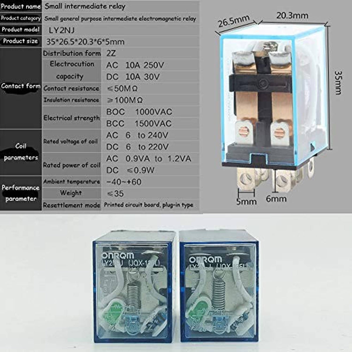 DPDT power relay in clear blue box, 8-pin terminal block and metal pins