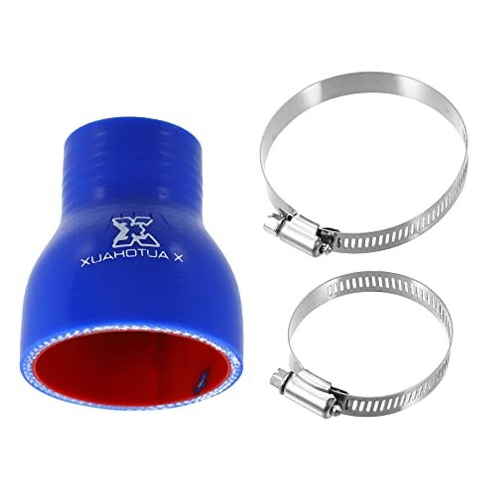 Blue silicone straight reducer hose coupler with red opening and two stainless clamps